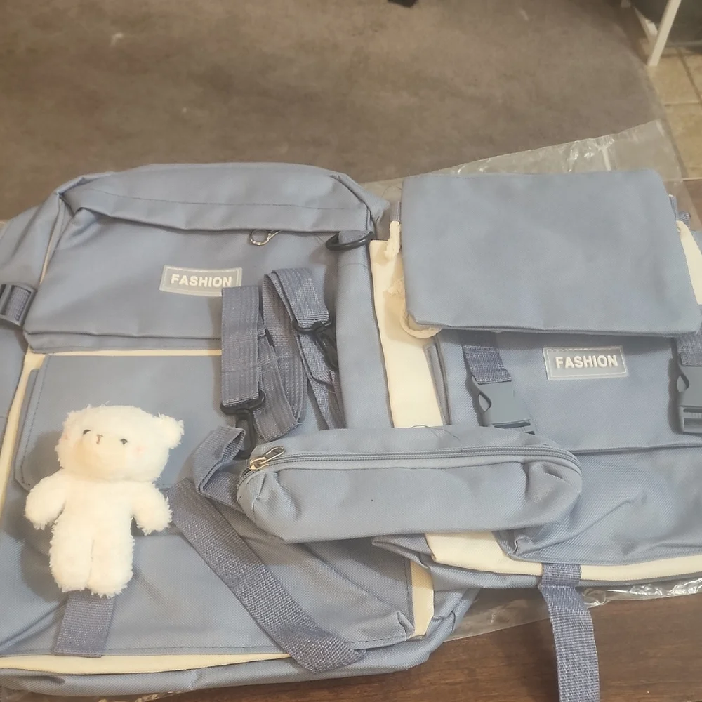 FIRM PRICE NWT Aesthetic Kawaii Blue 5-Pc Backpack Set with Pins & Bear Charm
